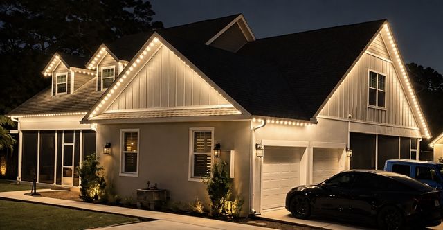 Two-story home with a screened porch and warm white permanent lighting along every roofline at dusk, a black car in the driveway.